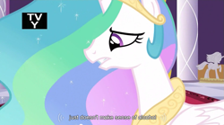 Size: 851x474 | Tagged: safe, screencap, princess celestia, alicorn, pony, the crystal empire, alcohol, frown, gritted teeth, meme, solo, worried, youtube caption