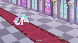 Size: 856x476 | Tagged: safe, screencap, princess celestia, alicorn, pony, the crystal empire, batman, looking up, meme, solo, walking, youtube caption