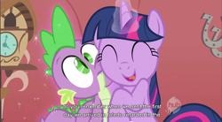 Size: 856x473 | Tagged: safe, screencap, spike, twilight sparkle, dragon, pony, unicorn, female, magic, magical encouragement, male, mare, youtube caption