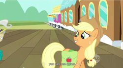 Size: 854x474 | Tagged: safe, derpibooru import, screencap, applejack, earth pony, pony, blonde mane, female, mare, orange coat, solo, youtube caption