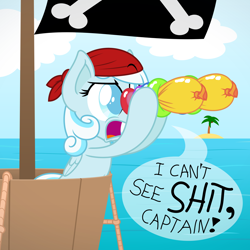 Size: 1500x1500 | Tagged: safe, artist:zutheskunk edits, oc, oc only, oc:snowdrop, the cutie map, balloon binoculars, binoculars, blind, blind joke, can't see shit, can't see shit captain, crossing the memes, i can't see shit, pirate, vulgar, we are going to hell