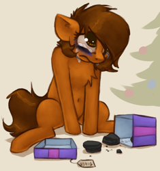Size: 830x884 | Tagged: safe, artist:marsminer, edit, oc, oc only, oc:venus spring, pony, unicorn, abuse, abuse edit, black eye, bruised, christmas, christmas tree, coal, crossing the line twice, crying, holiday, horn, present, pure unfiltered evil, sad, tree, unicorn oc, we are going to hell