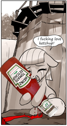 Size: 630x1181 | Tagged: safe, artist:pencils, edit, limestone pie, food, heinz, ketchup, not blood, sauce, vulgar, we are going to hell