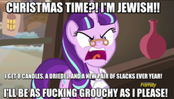 Size: 848x480 | Tagged: safe, edit, edited screencap, screencap, snowfall frost, starlight glimmer, pony, unicorn, a hearth's warming tail, discovery family logo, female, glasses, he-man, image macro, jew, judaism, mare, meme, nostalgia critic, ragelight glimmer, religion, skeletor, snowfall fury, vulgar, we are going to hell