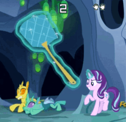Size: 349x338 | Tagged: safe, edit, screencap, clypeus, starlight glimmer, changedling, pony, unicorn, celestial advice, >:d, abuse, animated, disguise, disguised changeling, fake starlight glimmer, flyswatter, gif, gnat attack, magic, mario paint, meme, reference, screen shake, telekinesis, we are going to hell