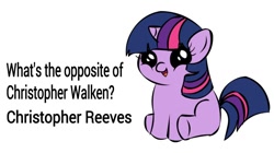 Size: 800x448 | Tagged: safe, twilight sparkle, pony, unicorn, christopher reeve, christopher walken, crossing the line twice, dialogue, dragonball z abridged, exploitable meme, female, filly, filly twilight sparkle, filly twilight telling an offensive joke, horn, looking at you, meme, multicolored mane, multicolored tail, obligatory pony, purple coat, simple background, sitting, smiling, solo, talking to viewer, underhoof, vulgar, we are going to hell, white background