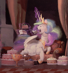 Size: 933x1005 | Tagged: safe, artist:cannibalus, edit, editor:i-shooped-a-pwny, princess celestia, alicorn, pony, cake, cakelestia, caricature, chubbylestia, close enough, cropped, cup, cute, draw me like one of your french girls, eating, ethereal mane, ethereal tail, fat, female, food, funny, funny as hell, goblet, ice cream, levitation, lidded eyes, magic, nailed it, obese, open mouth, painting, prone, solo, tea, teacup, teapot, technical advanced, telekinesis, tongue out