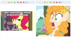 Size: 490x269 | Tagged: safe, pear butter, strawberry sunrise, pony, the perfect pear, derpibooru, funny, funny aneurysm moment, gasp, harsher in hindsight, juxtaposition, juxtaposition win, meme, meta, reaction image, strawberry savage, vulgar, we are going to hell