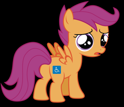 Size: 900x778 | Tagged: safe, scootaloo, pegasus, pony, abuse, alternate cutie mark, black background, cutie mark, disabled, female, filly, hilarious in hindsight, looking back, op is a cuck, sad, scootabuse, scootaloo can't fly, simple background, we are going to hell