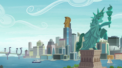 Size: 1280x720 | Tagged: safe, screencap, parasol, pegasus, pony, the gift of the maud pie, architecture, background, background pony, bridge, building, city, cityscape, crystaller building, female, flying, friendship express, friendship island, manehattan, manhattan, mare, new york, pier, sailboat, scenery, ship, skyline, stadium, statue of friendship, statue of liberty, train, we are going to hell