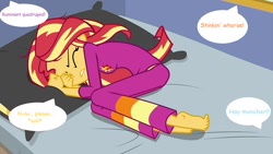 Size: 1280x720 | Tagged: safe, edit, edited screencap, screencap, sunset shimmer, better together, choose your own ending, equestria girls, wake up!, abuse, bronybait, bully, bullying, clothes, comic sans, curled up, downvote bait, feet, fetal position, implied applejack, implied rainbow dash, implied sci-twi, irony, midriff, op is a cuck, pajamas, reaction image, shimmerbuse, text edit, this is bait, verbal abuse, vulgar, we are going to hell