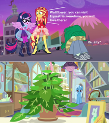 Size: 1280x1440 | Tagged: safe, edit, edited screencap, screencap, phyllis, sci-twi, sunset shimmer, trixie, twilight sparkle, wallflower blush, a horse shoe-in, better together, equestria girls, forgotten friendship, bad end, comic, grammar error, plant, scitwilicorn, screencap comic, species swap, wallflower is a plant, wallflowerbuse, we are going to hell