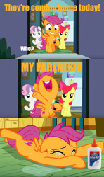 Size: 1200x2025 | Tagged: safe, edit, edited screencap, editor:awkward segway, screencap, apple bloom, scootaloo, sweetie belle, earth pony, pegasus, pony, unicorn, the last crusade, bad end, caption, comic, crying, dark comedy, elmer's glue, female, filly, glue bottle, image macro, implied death, orphan, screencap comic, text, we are going to hell