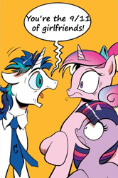 Size: 365x549 | Tagged: safe, idw, princess cadance, shining armor, twilight sparkle, alicorn, pony, unicorn, spoiler:comic, exploitable meme, meme, screaming armor, we are going to hell, younger