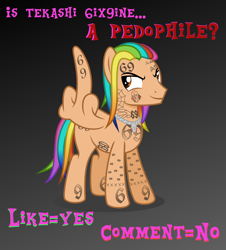 Size: 1806x2000 | Tagged: safe, oc, pegasus, pony, 6ix9ine, blackletter, caption, drama bait, image macro, jewelry, male, meme, middle feather, middle finger, necklace, op is a cuck, op is trying to start shit, ponified, solo, stallion, tattoo, text, vulgar, we are going to hell, why, wing hands, wings