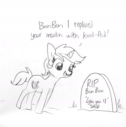 Size: 1417x1421 | Tagged: safe, artist:tjpones, lyra heartstrings, pony, unicorn, black and white, dark comedy, diabetes, dialogue, epitaph, female, gravestone, grayscale, grin, implied bon bon, implied death, implied murder, implied sweetie drops, it's just a prank bro, l.u.l.s., lineart, literal diabetes, mare, monochrome, murder, open mouth, prank gone wrong, rest in peace, simple background, sketch, smiling, solo, text, this ended in death, u lil shid, wat, we are going to hell, white background