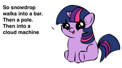 Size: 1194x668 | Tagged: safe, twilight sparkle, oc, oc:snowdrop, pony, unicorn, blind joke, dialogue, exploitable meme, female, filly, filly twilight sparkle, filly twilight telling an offensive joke, horn, looking at you, meme, multicolored mane, multicolored tail, purple coat, simple background, sitting, smiling, solo, talking to viewer, underhoof, we are going to hell, white background