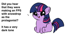 Size: 1194x668 | Tagged: safe, twilight sparkle, oc, oc:snowdrop, pony, unicorn, blind joke, dialogue, exploitable meme, female, filly, filly twilight sparkle, filly twilight telling an offensive joke, horn, looking at you, meme, multicolored mane, multicolored tail, purple coat, simple background, sitting, smiling, solo, talking to viewer, underhoof, we are going to hell, white background