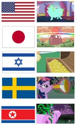 Size: 916x1500 | Tagged: safe, derpibooru import, edit, edited screencap, screencap, applejack, mane-iac, twilight sparkle, twilight sparkle (alicorn), whoa nelly, alicorn, earth pony, pony, american flag, atomic bomb, atomic rainboom, bits, comments locked on derpi, countries, explosion, fat, flag, flashback potion, image macro, israel, japan, meme, north korea, north korean flag, nuclear weapon, op is a cuck, op is trying to start shit, rainbow nuke, stereotype, sweden, united states, we are going to hell, weapon