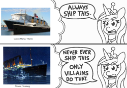 Size: 916x637 | Tagged: safe, artist:threetwotwo32232, edit, princess cadance, alicorn, pony, always ship this, cargo ship, exploitable meme, iceberg, meme, my hero academia, obligatory pony, queen mary, shipping, solo, titanic, wat, we are going to hell