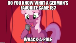 Size: 800x450 | Tagged: safe, cheerilee, earth pony, pony, cheerilee pun, curtain, exploitable meme, female, german, green eyes, mare, meme, microphone, open mouth, poland, pole, smiling, solo, spotlight, text, two toned mane, two toned tail, we are going to heil, we are going to hell