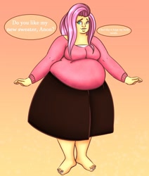 Size: 1280x1506 | Tagged: safe, artist:sweetslugslime, fluttershy, equestria girls, barefoot, bbw, belly, big belly, clothes, fat, fattershy, feet, female, gradient background, implied anon, obese, solo, ssbbw, sweater, sweatershy
