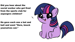 Size: 1194x668 | Tagged: safe, twilight sparkle, pony, unicorn, asperger's syndrome, autism, dialogue, female, filly, filly twilight sparkle, filly twilight telling an offensive joke, horn, looking at you, meme, multicolored mane, multicolored tail, obligatory pony, purple coat, simple background, sitting, smiling, solo, talking to viewer, text, underhoof, we are going to hell, white background