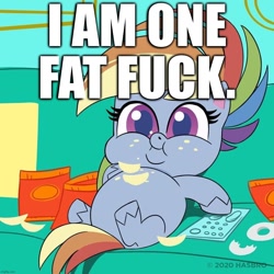 Size: 1080x1080 | Tagged: safe, edit, edited screencap, screencap, rainbow dash, pegasus, pony, my little pony: pony life, belly, big belly, caption, chips, chubby cheeks, couch potato, crumbs, cute, dashabetes, donut, double chin, fat, female, food, food baby, image macro, mare, missing cutie mark, obese, on back, overweight, potato chips, rainblob dash, remote, sitting, slob, sofa, solo, text, tubby wubby pony waifu, vulgar