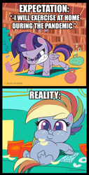 Size: 667x1317 | Tagged: safe, part of a set, screencap, rainbow dash, twilight sparkle, twilight sparkle (alicorn), alicorn, pegasus, pony, my little pony: pony life, angry, barbell, belly, big belly, book, bookshelf, chips, chubby cheeks, coronavirus, couch potato, covid-19, crumbs, donut, double chin, exercise, expectation vs reality, fat, female, folded wings, food, food baby, gritted teeth, kettlebell, mare, missing cutie mark, obese, on back, overweight, potato chips, push-ups, radio, rainblob dash, remote, sitting, slob, sofa, solo, sweat, tubby wubby pony waifu, weight, wings, workout