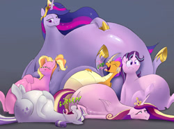 Size: 2541x1893 | Tagged: safe, artist:princebluemoon3, color edit, colorist:xbi, edit, editor:xbi, luster dawn, princess cadance, princess twilight 2.0, smolder, starlight glimmer, twilight sparkle, twilight sparkle (alicorn), twilight velvet, alicorn, dragon, pony, unicorn, the last problem, abstract background, belly, belly button, burp, colored, fat, fat smolder, fire, fire breath, gold, hoof on belly, huge belly, impossibly large belly, larder dawn, mixed media, morbidly obese, obese, older, older twilight, on back, princess decadence, prone, sblobder, sitting, starlard glimmer, stuffed, twilard sparkle, twilard velvet