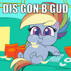 Size: 1080x1080 | Tagged: safe, edit, rainbow dash, pegasus, pony, my little pony: pony life, belly, big belly, caption, chips, chubby cheeks, couch potato, crumbs, cute, dashabetes, dis gon b gud, donut, double chin, fat, female, food, image macro, mare, meme, missing cutie mark, obese, on back, overweight, potato chips, rainblob dash, reaction image, remote, sitting, slob, sofa, solo, text, tubby wubby pony waifu