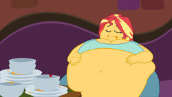 Size: 2560x1440 | Tagged: safe, artist:neongothic, artist:skye lily, edit, edited edit, sunset shimmer, equestria girls, bbw, belly button, fat, full, huge belly, morbidly obese, obese, slobset shimmer, solo, stuffed