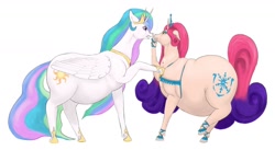 Size: 1280x699 | Tagged: safe, artist:soobel, princess amore, princess celestia, alicorn, pony, unicorn, accessories, angry, atg 2020, belly, big belly, celestia is not amused, chubbylestia, duo, duo female, fat, female, flowing mane, jewelry, long mane, long tail, mare, messy, newbie artist training grounds, obese, pointing, regalia, simple background, tiara, unamused, white background