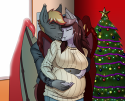 Size: 2040x1640 | Tagged: safe, artist:chacrawarrior, oc, oc only, oc:savory zest, oc:scarlet quill, anthro, bat pony, anthro oc, bat pony oc, breasts, christmas, christmas tree, clothes, commission, couple, digital art, eyes closed, fangs, female, hearth's warming eve, holiday, husband and wife, male, mare, married couple, oc x oc, pants, pregnant, ring, romantic, scarlory, shipping, smiling, stallion, straight, sweater, tree, wedding ring, wholesome