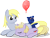 Size: 2845x2150 | Tagged: safe, artist:emkay-mlp, derpy hooves, dinky hooves, pegasus, pony, unicorn, ursa minor, balloon, duo, equestria's best mother, eyes closed, female, filly, foal, high res, mare, mother and child, mother and daughter, parent and child, plushie, sleeping, teddy bear, ursa plush