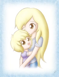 Size: 850x1100 | Tagged: safe, artist:jdan-s, derpy hooves, dinky hooves, cute, equestria's best mother, holding, hug, humanized