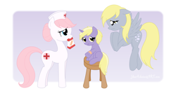 Size: 1500x800 | Tagged: safe, artist:jdan-s, derpy hooves, dinky hooves, nurse redheart, pegasus, pony, bandaid, equestria's best mother, female, mare, mouth hold, trio