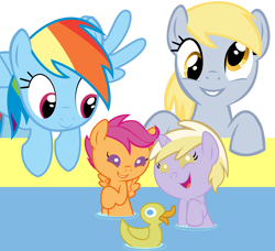 Size: 4000x3640 | Tagged: safe, artist:beavernator, derpibooru import, derpy hooves, dinky hooves, rainbow dash, scootaloo, pegasus, pony, baby, baby pony, baby scootaloo, bath, equestria's best mother, foal, momma dash, rubber duck, scootalove