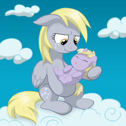 Size: 1500x1500 | Tagged: safe, artist:megasweet, artist:php44, edit, derpy hooves, dinky hooves, pegasus, pony, cloud, cloudy, crying, equestria's best daughter, equestria's best mother, female, foal, like mother like daughter, mare, mother and child, mother and daughter, newborn, parent and child