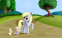 Size: 2520x1530 | Tagged: safe, artist:awildfantasy, angel bunny, derpy hooves, dinky hooves, pegasus, pony, baby, diaper, equestria's best mother, female, foal, mare