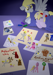 Size: 893x1263 | Tagged: safe, artist:bibliodragon, derpibooru import, amethyst star, derpy hooves, dinky hooves, doctor whooves, pinkie pie, princess celestia, princess luna, sparkler, alicorn, earth pony, pegasus, pony, blanket, crayon, cute, dalek, doctor who, drawing, equestria's best daughter, equestria's best mother, female, mailpony, mare, muffin, royal guard, sleeping, tardis