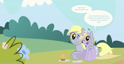 Size: 3819x1985 | Tagged: safe, artist:redapropos, derpy hooves, dinky hooves, pegasus, pony, cute, equestria's best daughter, equestria's best mother, female, like mother like daughter, mare, mother and child, mother and daughter, muffin, parent and child