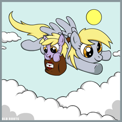 Size: 805x806 | Tagged: safe, artist:old roots, derpy hooves, dinky hooves, pegasus, pony, bag, cloud, cloudy, equestria's best mother, female, flying, mailbag, mare, saddle bag, sky, sun