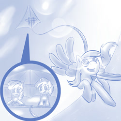 Size: 1000x1000 | Tagged: safe, artist:rayhiros, apple bloom, derpy hooves, dinky hooves, pegasus, pony, equestria's best mother, female, hang gliding, mare, monochrome