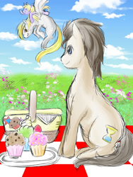 Size: 900x1200 | Tagged: safe, artist:00_omochi, derpy hooves, dinky hooves, doctor whooves, pegasus, pony, cupcake, equestria's best mother, female, mare, muffin, picnic, pixiv