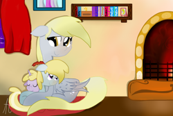 Size: 1024x683 | Tagged: safe, artist:a-happy-thought, chirpy hooves, derpy hooves, dinky hooves, pegasus, pony, chirpabetes, cuddling, cute, derpabetes, dinkabetes, equestria's best mother, female, fireplace, mare, snuggling