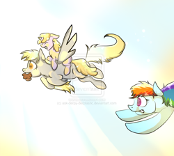 Size: 1024x918 | Tagged: dead source, safe, artist:rflzqt, derpibooru import, derpy hooves, dinky hooves, rainbow dash, pegasus, pony, deviantart watermark, equestria's best mother, female, flying, mare, muffin, obtrusive watermark, watermark