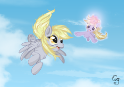 Size: 1316x931 | Tagged: safe, artist:bakakawaicosplay0o0, derpy hooves, dinky hooves, pegasus, pony, equestria's best mother, female, flying, mare