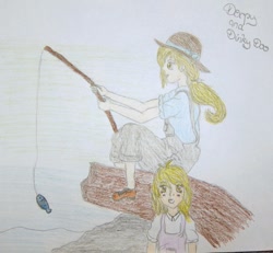 Size: 900x831 | Tagged: safe, artist:strawberrysprinkle, derpy hooves, dinky hooves, fish, equestria's best mother, fishing, hat, humanized, log, traditional art