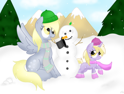 Size: 1988x1516 | Tagged: safe, artist:louderspeakers, derpy hooves, dinky hooves, pegasus, pony, clothes, equestria's best mother, female, hat, mare, scarf, snow, snowfall, snowman